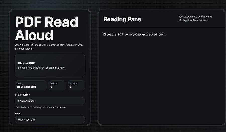 PDF Read Aloud interface, showing the PDF upload panel and a synced reading pane for extracted text