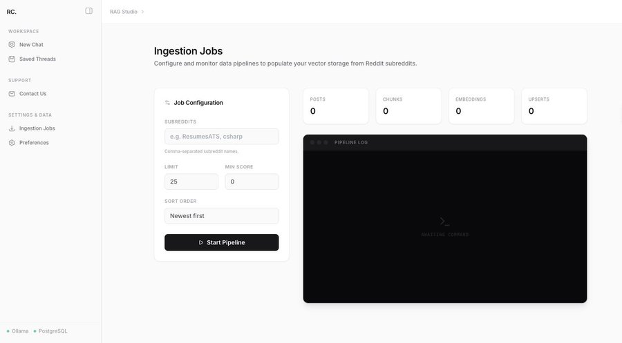 RAG Studio Ingestion Jobs screen, showing job configuration for subreddit crawling and a live pipeline log panel
