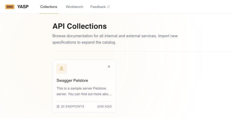 YASP API Collections screen, showing an imported Swagger Petstore specification with endpoint count and last-updated timestamp